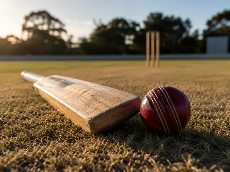 A cricket bat and ball on dry turf with the stumps behind, late afternoon light