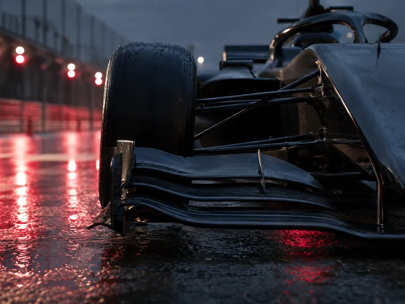 The front wing and tyre of a single-seater racing car on a wet pit lane