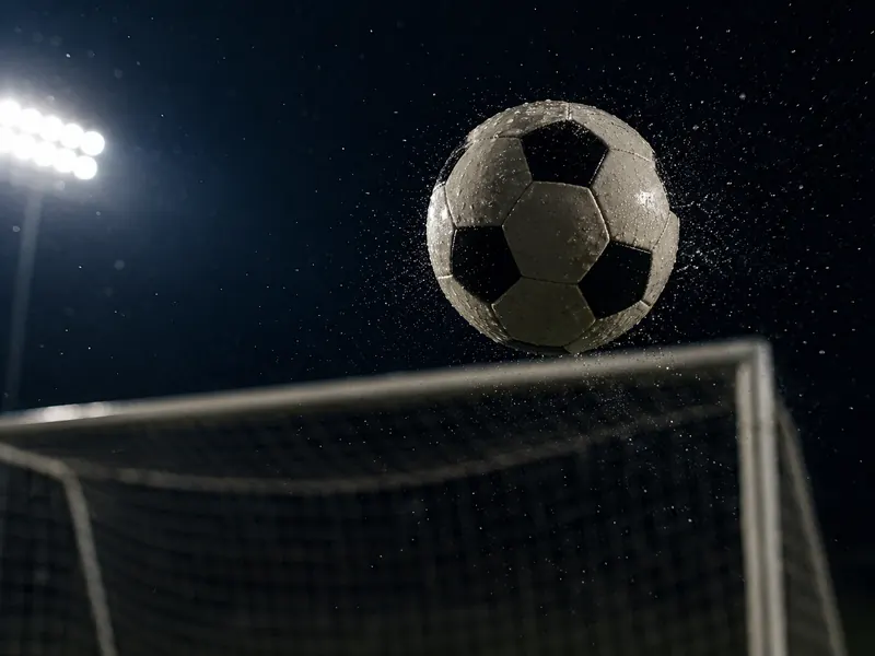 A football in the air above the crossbar of a floodlit goal