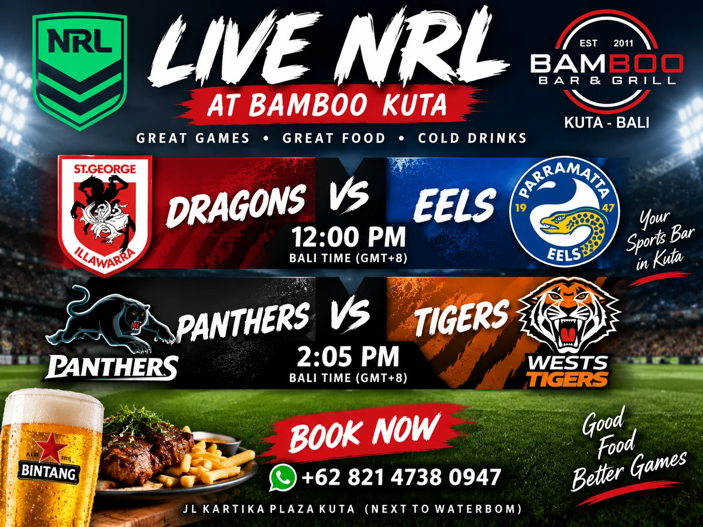 Live NRL poster for Bamboo Bar & Grill, Kuta. Sunday 6 September: Dragons v Eels 12:00pm, Panthers v Tigers 2:05pm Bali time, live on the big screens.