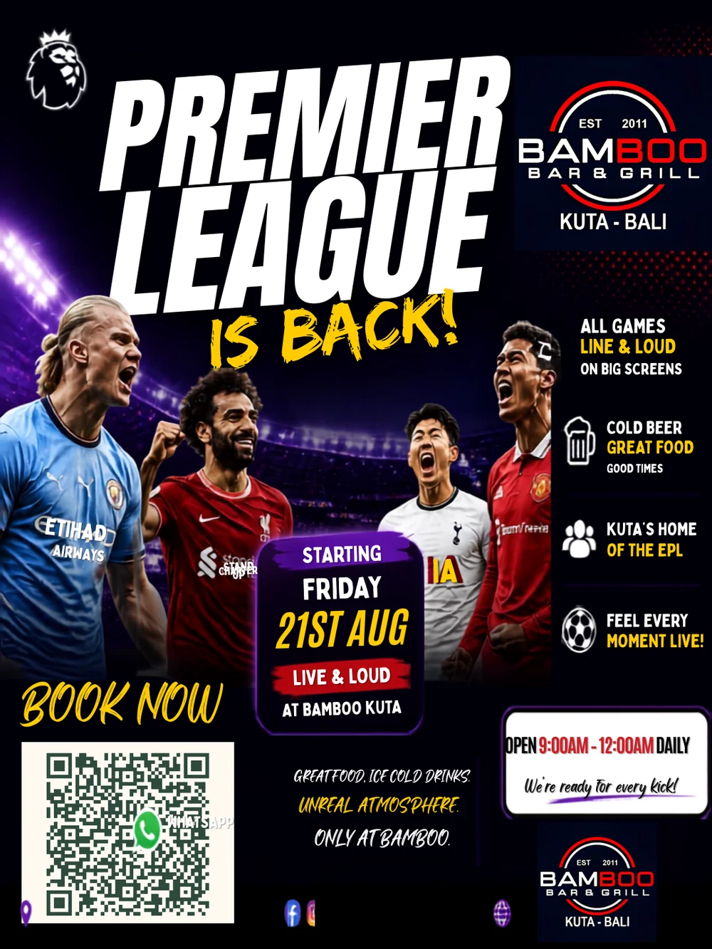 Premier League poster for Bamboo Bar & Grill, Kuta. Every match live on the big screens.