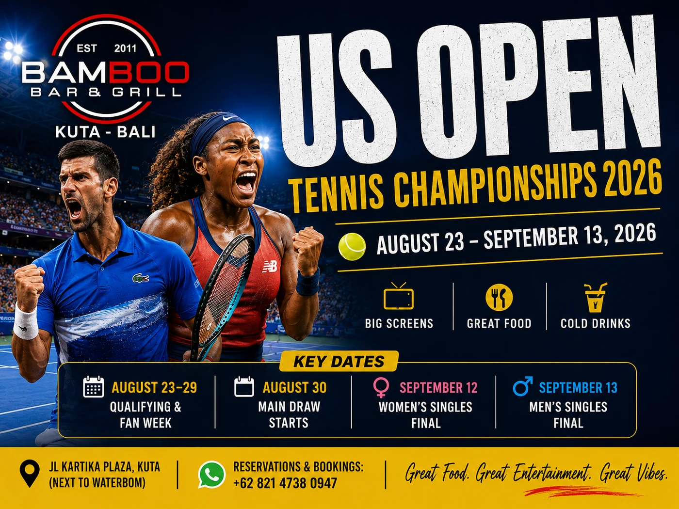 US Open Tennis Championships 2026 poster for Bamboo Bar & Grill, Kuta, showing on the big screens
